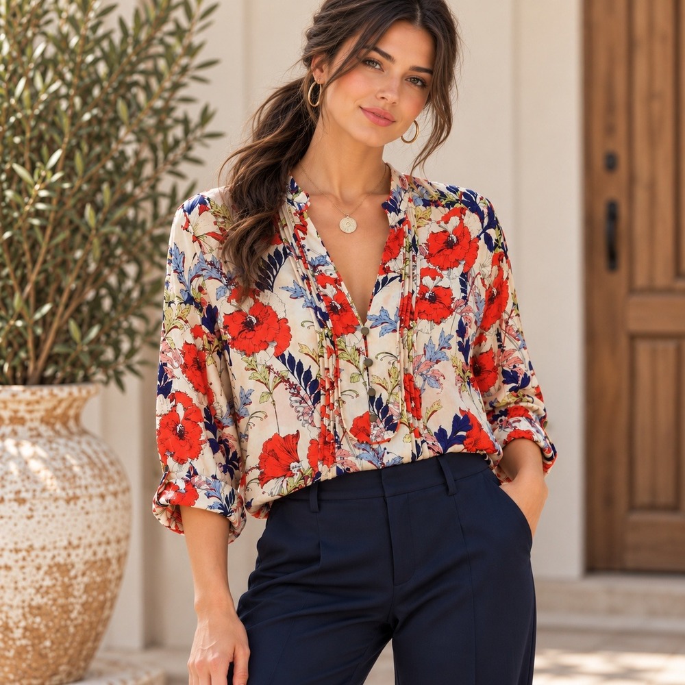 Banana Republic 100% Silk Floral Poppy Pleated Blouse Red Cream Large